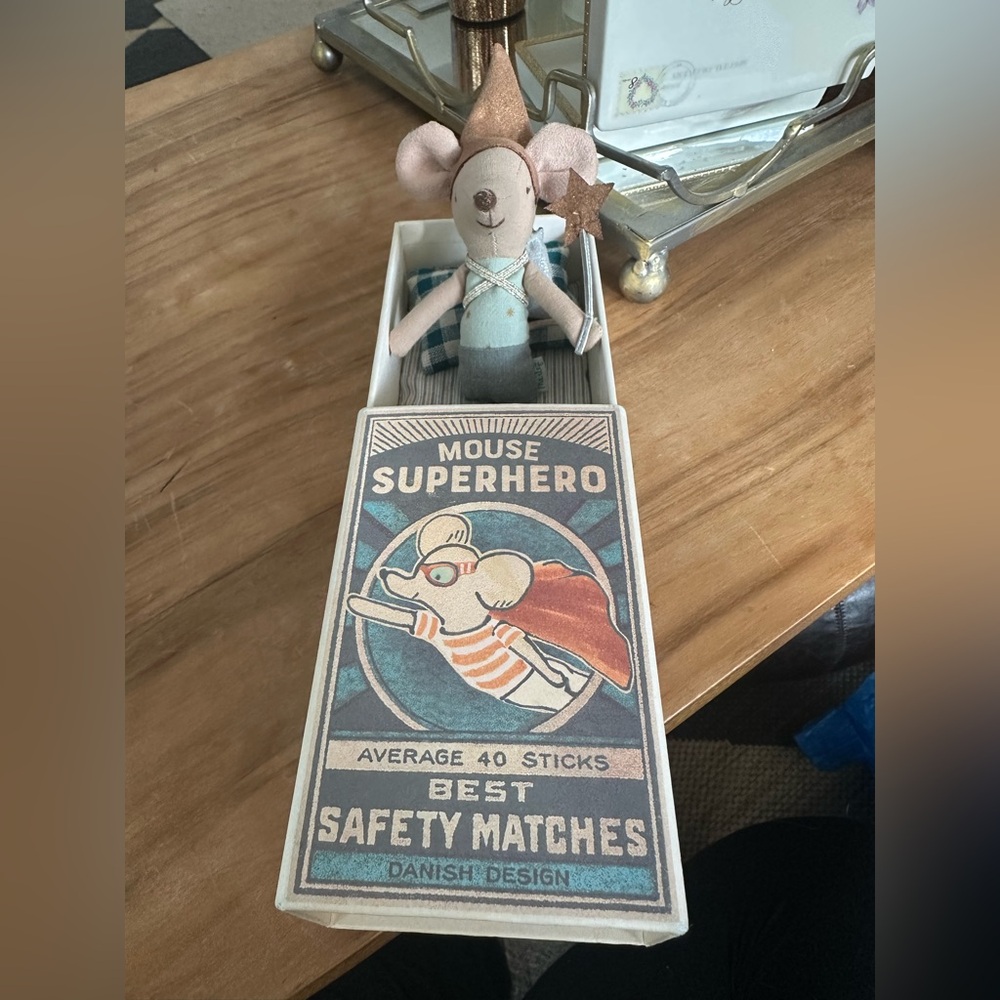 Maileg blue tooth fairy with Super hero box, blanket and pillow.  Like new